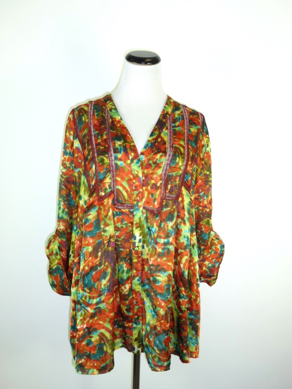 GIBSON Multicolor orange print PAISLEY FLORAL button front TUNIC shirt Top 2x
